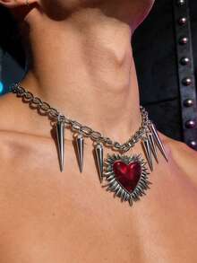 1pc Spiked Heart Shaped Necklace, Red Heart Pendant, Gothic Punk Necklace - Rivet Necklace - View 1