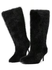 Women'S Faux Fur Knee High Boots Pointed Toe Thin Heel Parties Dress Warm Winter Boots For Christmas - màu đen - Xem 2