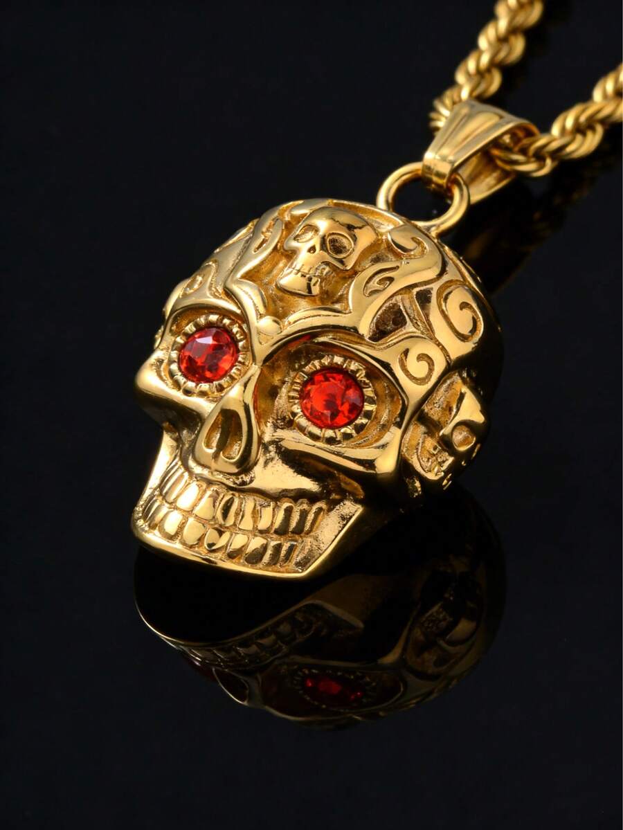 1pc Punk Personalized Men Red Eyes 3D Skull Stainless Steel Pendant Necklace Hip Hop Street Style Daily Party Wear - Red - View 1