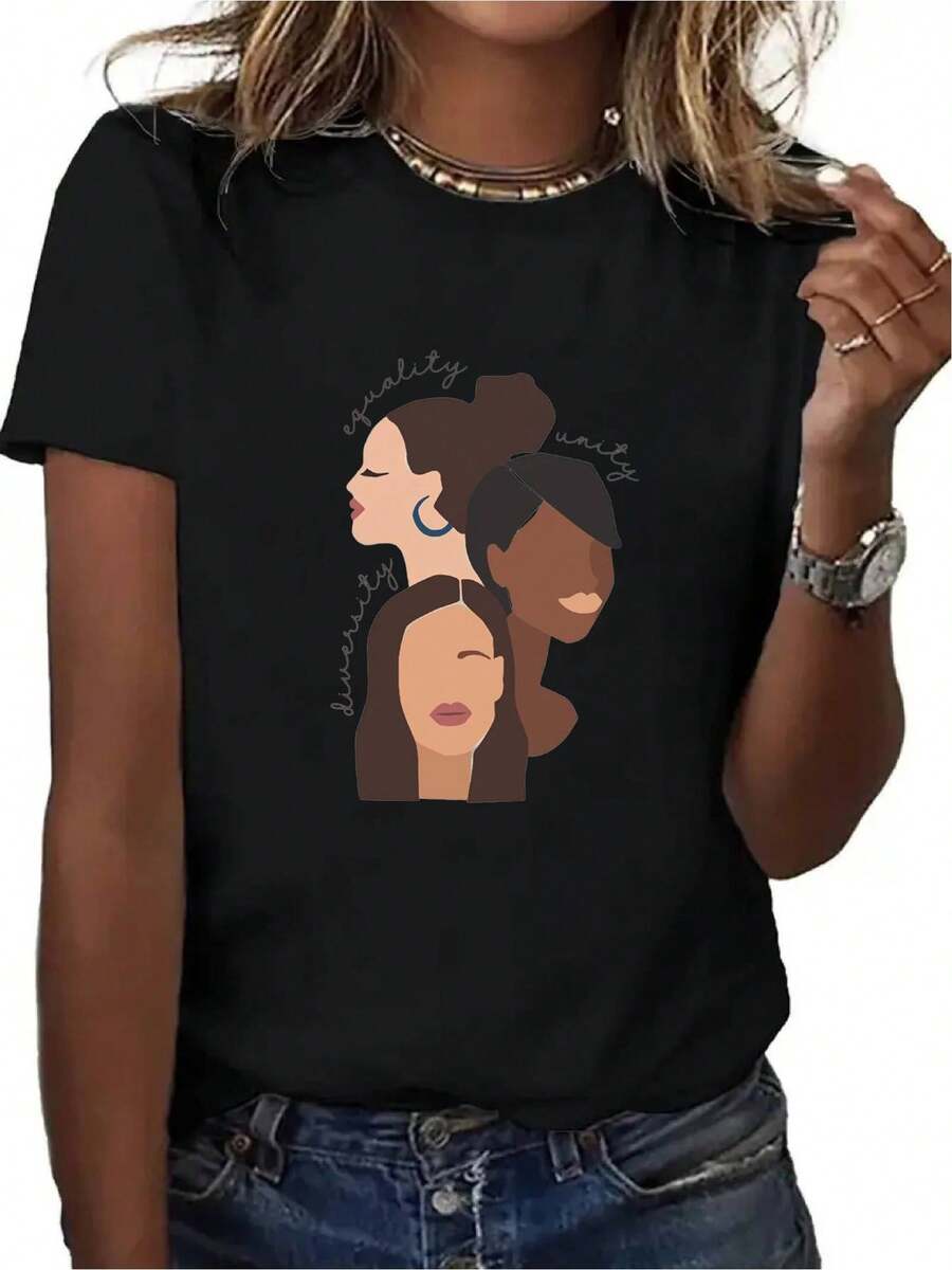 Women'S Feminist T-Shirt - Empowered Women Empower Women Graphic Tee With Diverse Female Faces & Inspirational Quotes, Soft Round Neck Short Sleeve Top For International Women'S Day, Casual Wear, Spring Summer Fall Apparel, Ladies Tshirt, Artistic Illustration, Breathable Fabric, Comfortable Fit, Empowerment Apparel, Lightweight Shirt, Empowerment Shirt, Empowerment Wear Ice Silk, Quick-Drying, Moisture-Wicking, Mesh Breathable, No Stuffiness - Oscuro - Ver 1