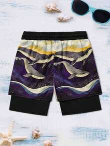 Men's Ocean Creature Printed Double-Layer Beach Shorts, Casual Holiday Style - Multicolor - View 4