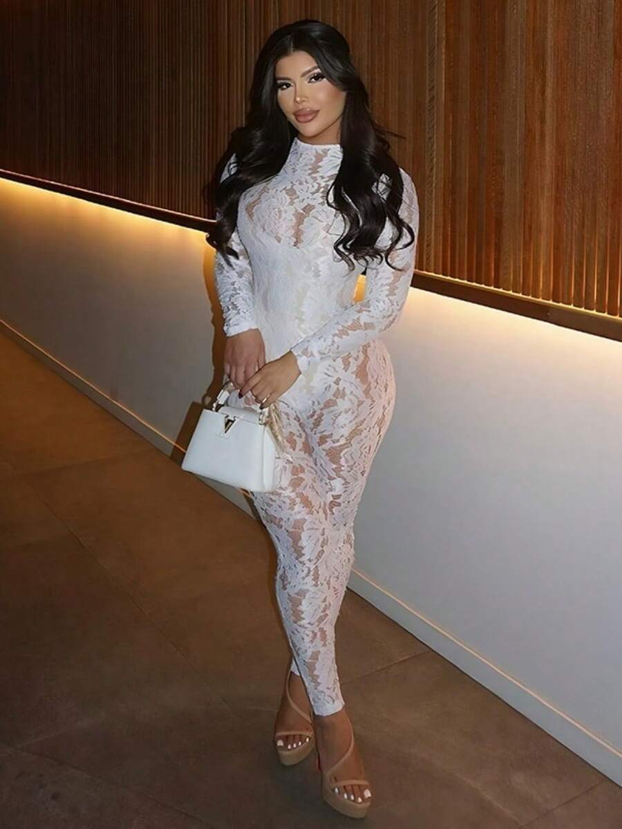 2026 Autumn New Sexy Lace See-Through Tight Long-Sleeved Zipper Jumpsuit - 白色 - 查看 1