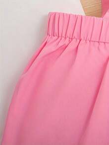 2pcs Girls Casual Beaded Decor Open Collar Lantern Sleeve Top And Suspender Skirt Set, Summer - Pink - View 6
