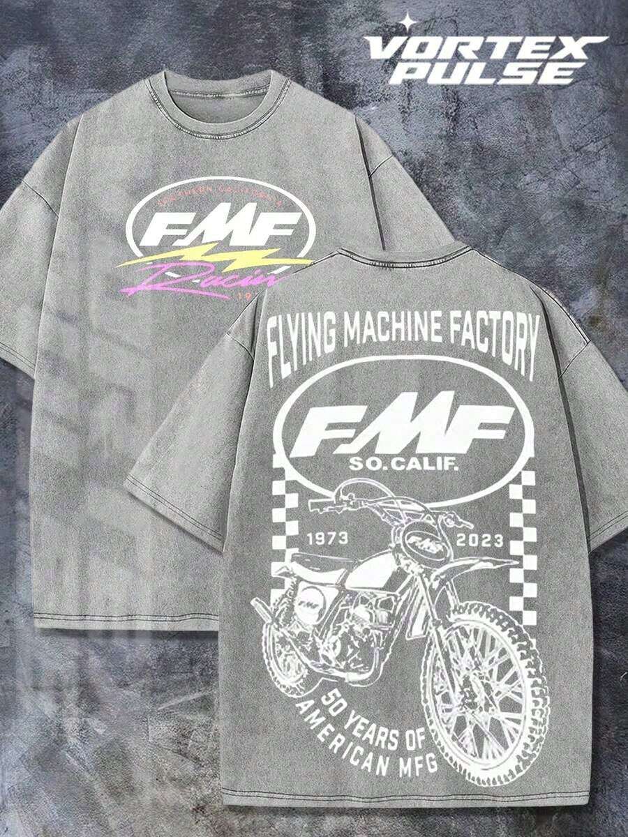 2026 Summer TopsDistressed And Washed Men's Short-Sleeved T-Shirt Double-Sided Print Fmf Racing Motorcycle 50 Years American Mfg Vintage Logo Graphic Tee S To 3Xl Vintage Casual Loose Fit Comfortable And Versatile MenswearLoose And Comfortableshirt - 灰色 - 查看 1