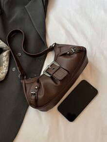 1件装女士复古摩托朋克铆钉装饰可调节肩带大容量柔软仿油皮渐变色单肩/腋下包，适合工作、通勤、约会、派对等场合。 - 咖啡 - 查看 6