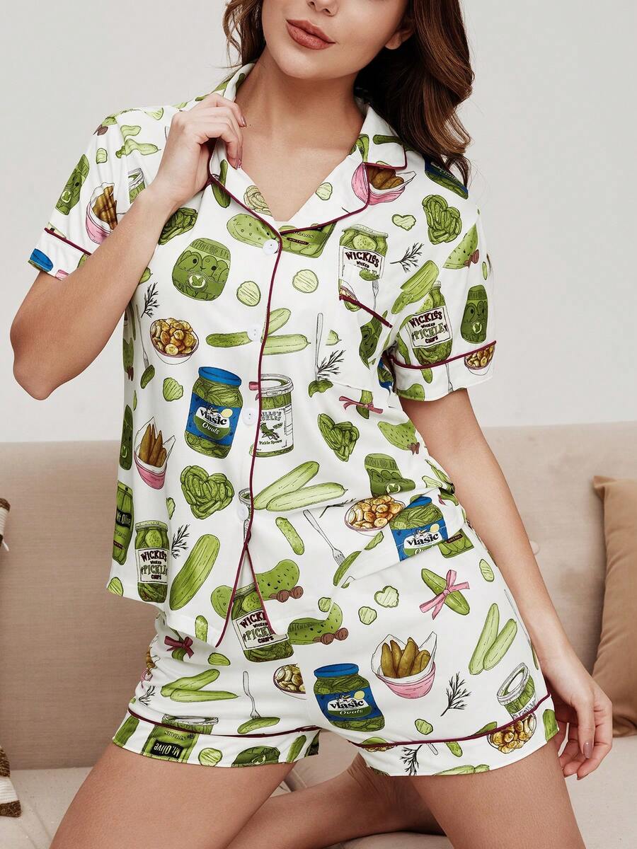 2pcs Women Vegetarian Print Short Sleeve Shorts Pajama Set, Comfortable Polo Collar Pink Patchwork Knit Top With Front Button Pockets, Elastic Waist Pants, Suitable For All Seasons Casual Loungewear - 白色 - 查看 1