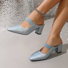 2026 Zapatos de tacón grueso tipo mula de verano de moda color azul cielo con elástico, de punta cerrada y tacón alto para mujer - azul claro - Ver 14