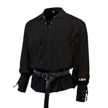 COS Vintage Men's Shirt, Medieval Stage Performance, Wide Sleeves, Tie, Men's Shirt, Men's Top - Black - View 1