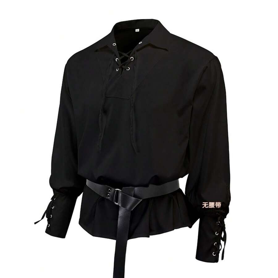 COS Vintage Men's Shirt, Medieval Stage Performance, Wide Sleeves, Tie, Men's Shirt, Men's Top - Black - View 1
