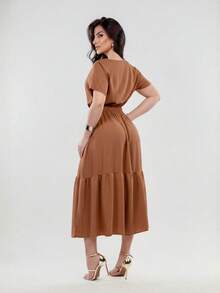 Set Of 2 Women's Midi Dresses With V-Neck, Ruffled Hem, And Modern Casual Style - Gạch/Xanh lá cây - Xem 3