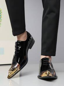 1双男士亮面图案尖头PU皮鞋面橡胶鞋底低跟休闲正装鞋，适合办公及日常穿着，四季皆宜 - 黑色 - 查看 5