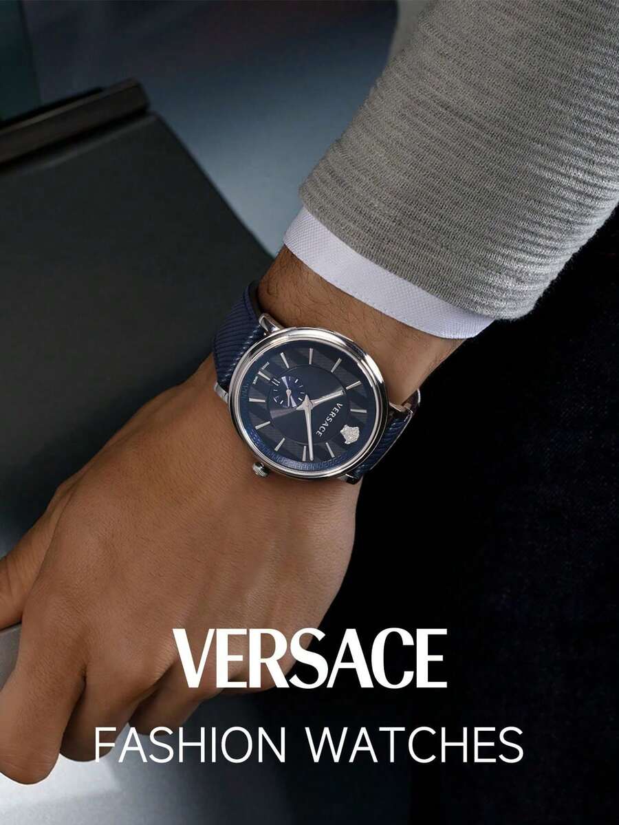 Versace Men's Business Chic Quartz Watch with Leather Strap Vertical Stripe Dial - 藍色 - 查看 1