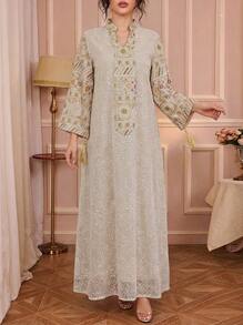 Solessence 女士优雅V领刺绣网眼长袖卡夫坦连衣裙 - NC69 - 查看 2