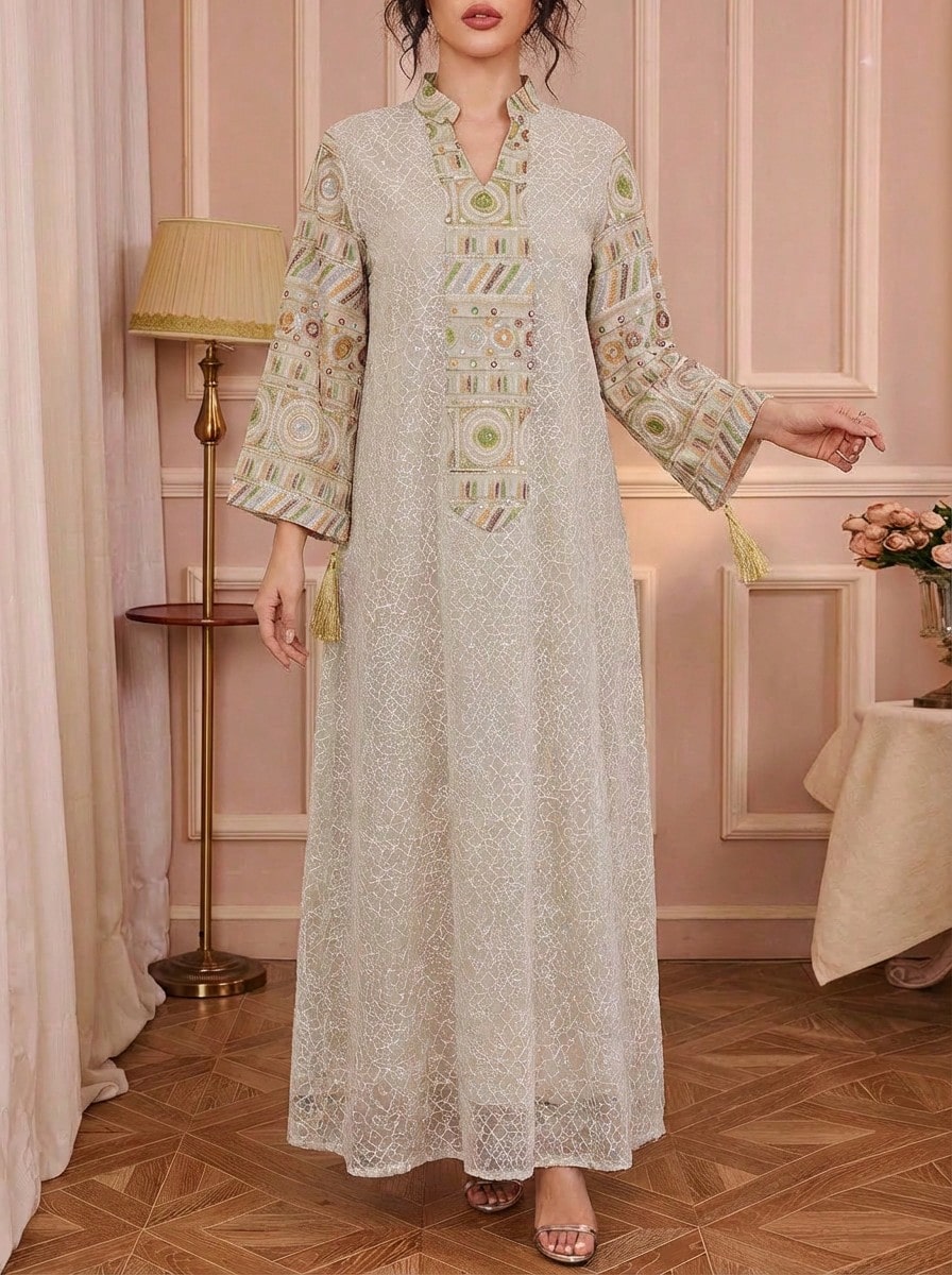 Solessence 女士优雅V领刺绣网眼长袖卡夫坦连衣裙