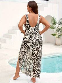 New Plus Size Allover Print One-Piece Bikini Set With Mesh Wrap Skirt, Elegant Colorblock Floral Print Beach Swimwear For Women Vacation Summer - Apricot - View 6