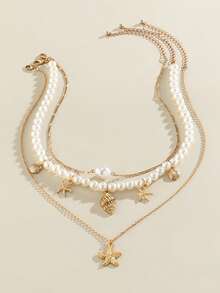 1 Set de 3 o 4 piezas de collar con colgante de aleación de zinc con conchas y estrellas de mar con perlas ABS falsas, regalo de vacaciones de verano y uso diario - Amarillo Oro - Ver 7