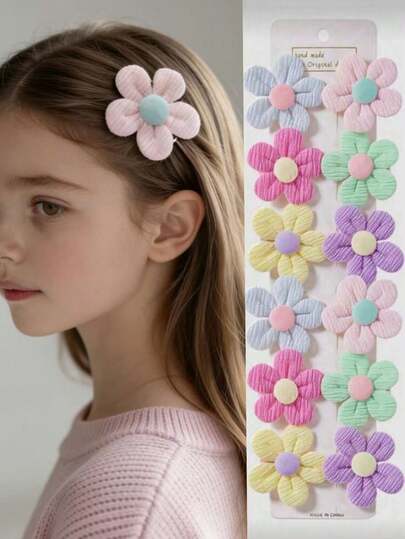 Set de 10 piezas de pinzas para el cabello con flores artificiales multicolor para niñas, decoración de flores para playa, viaje, vacaciones y fotografía, accesorios para el cabello DIY, pinzas para el flequillo (sin tarjeta, color aleatorio)