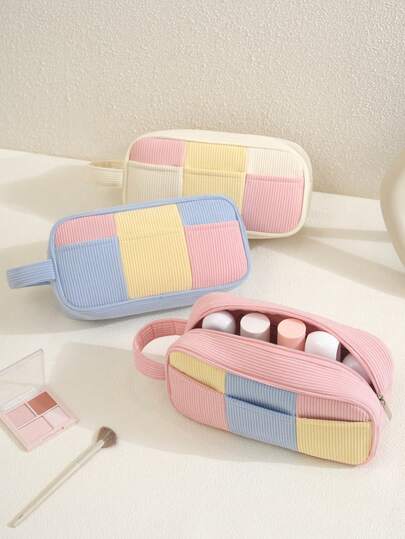 1pc Dopamine Corduroy Color-Block Makeup Bag, Cute Sweet Style Storage Bag Suitable For Teen Girls, Students, And Women, Valentine's Day, Wedding Decorations, Corduroy Material With Patchwork Style Toiletry Bag, Cute Organizer Pouch
