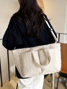 1pc Plush Material Multi-Compartment Tote Shoulder Bag, Open Top Design, Versatile For Commuting, Autumn/Winter - Beige - View 4