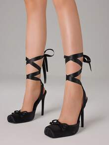 Ballet High Heels Pumps For Women Mary Janes Style Lace-Up Stiletto Heels With Bow Satin Square Toe Elegant  Strappy High Heels Women's Dancing Party Weeding Shoes  - 黑色 - 查看 6