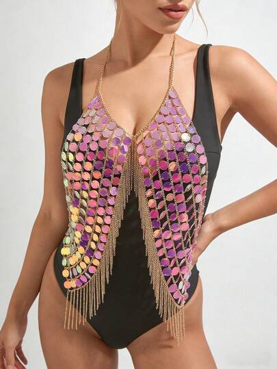 Nueva cadena corporal con lentejuelas brillantes, perlas falsas y borlas, collar de moda para mujeres