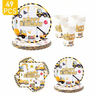 1 Set Excavator Happy Birthday Disposable Plates, Napkins, Cups, Disposable Party Supplies Set, Fits 8 Guests, Disposable Paper Plates Party Tableware Suitable For Birthday, Wedding, Theme Party, Family Picnic