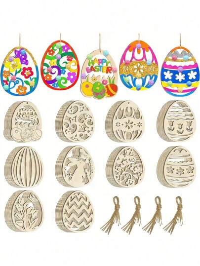 20pcs Wooden Easter Bunny Egg Hanging Ornaments, Unfinished Wooden Hollow Easter Eggs & Rabbits Crafts, Creative Wooden Craft Bunny Openwork Ornaments, Flat Surface For Easter Home Party Decorations, Painting, Home Hanging Decor, Classroom Gifts, Spring DIY, Happy Easter.