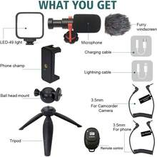 Video Vlogging Kit Smartphone Video Microphone Kit With Tripod/Phone Clip/LED Light/Mic/3.5mm/Type-C/ Lightning Cable/Remote Control, For  X  / A7 Camera : Cell Phones & Accessories - 1 - 查看 3