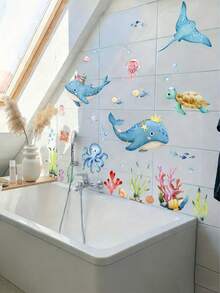 1 件异想天开的海洋生物和卡通动物墙贴 - 自粘 PVC 贴花，带有柔和色调的卡通鱼、水母和海洋生物 - 非常适合青少年卧室或客厅装饰、青少年房间装饰 | 俏皮设计 | PVC 墙贴，海洋主题装饰 - 彩色 - 查看 11
