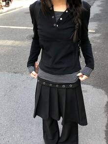 Collegiate Striped Patchwork Design 2 In 1 Button Hoodie Top - Black - View 3