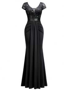 MIUSOL Sequin Floral Lace Sweetheart Neck Cap Sleeve Draped Mermaid Hem Formal Party Maxi Dress - 黑色 - 查看 7