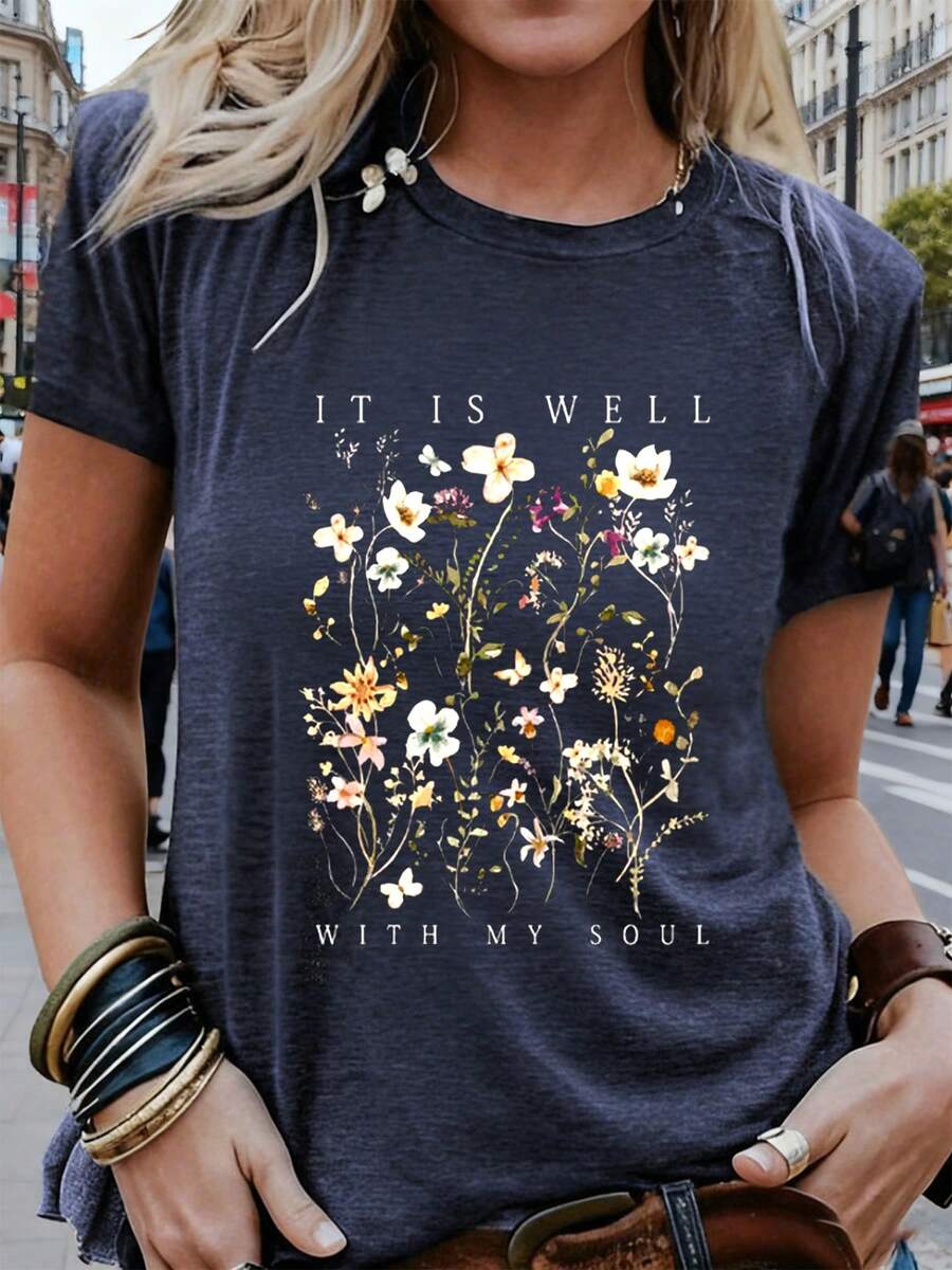 Style Voyage Boho Floral Graphic Tee With Inspirational Quote It Is Well With My Soul Soft Comfortable Fit For Women Casual Everyday Wear Featuring Delicate Wildflower Print In Pastel Colors Perfect For Spring Summer Outings Beach Days Or Religious Events Ideal For Nature Lovers And Faith Inspired Individuals (180 Cotton Blend T-Shirt) - 藏蓝色 - 查看 1