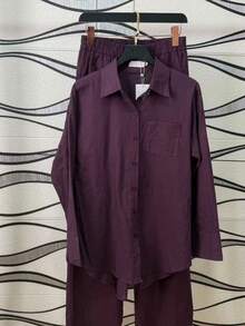Linen Shirt And Pants Set (2 Pieces), Lined With Elastic. - 酒紅色 - 查看 3