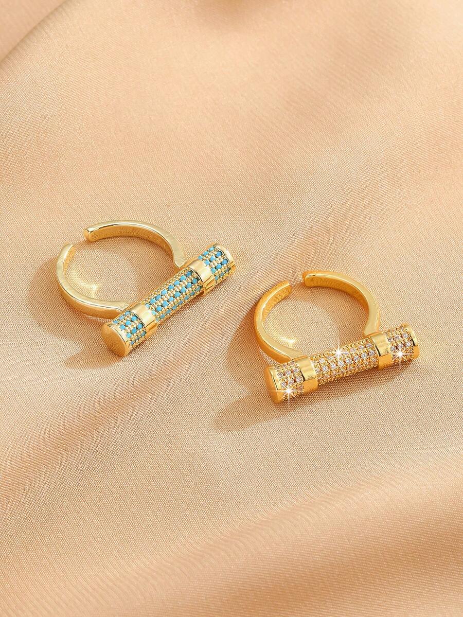 Luxury Full Rhinestone Wide Open Ring, Pure Rhinestone / Turquoise Blue Contrast Color Options, Gold Aura Hand Jewelry, Versatile Accessory For Commute And Party - Gold - View 1