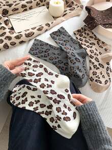 1/5/10 Pairs Women Leopard Print Sailor Socks, Cute Comfortable Breathable Moisture-Wicking Socks, Fun Gift, Creative Campus Style Socks For Women, Winter, Valentine's Day Gift - Crew Socks - View 3