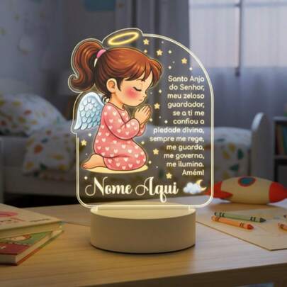 Luminária LED UV Branco Quente Oração Santo Anjo Personalizada nome Criança, Decoração, Bebê, Acrílico, Presente, Lembrancinha, Batizado