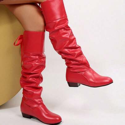 Women's Black Knee High Boots With Pleated Design & Back Lace – Y2K Fashion Chunky Heel Long Boots For Autumn/Winter Party & Streetwear