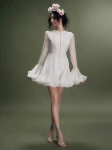 Nuevo vestido de manga larga con botones de estilo primavera/otoño, diseño exclusivo con estampado abultado y volantes para un aspecto estilizador - Blanco - Ver 3