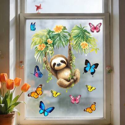 1/3 Stück tropischer Stil grüne Pflanze Hängekorb Fensteraufkleber, wiederverwendbarer PVC doppelseitiger sichtbarer elektrostatischer Glasaufkleber, geeignet für Küche, Wohnzimmer, Schlafzimmer und Heimdekoration.