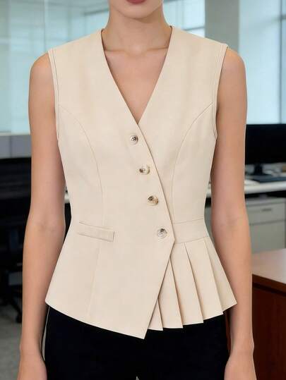 HOMEYEE Women's V-Neck Sleeveless Blazer Vest, Retro Casual Business Commute Vacation Spring Summer Daily Wear