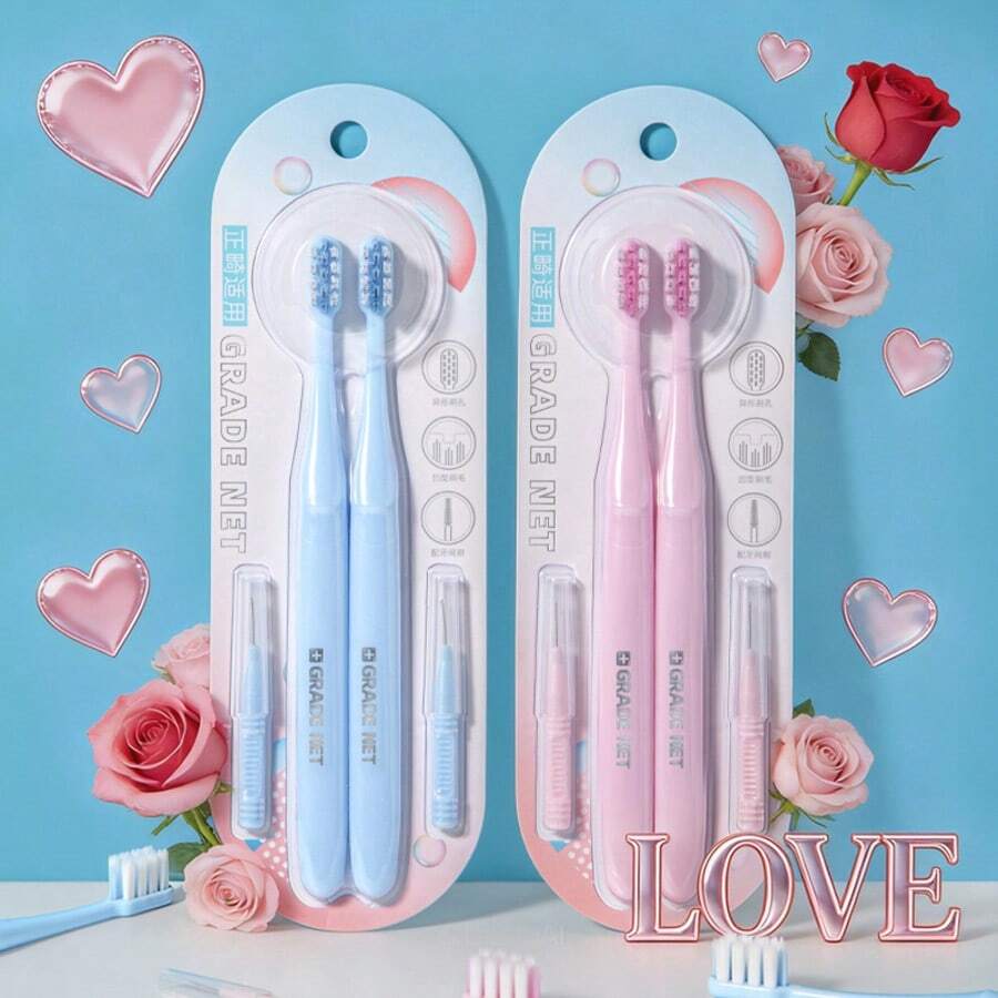2件套口腔护理套装 - 包括软毛牙刷和牙线友好型牙间刷，清洁牙齿、矫正器和口腔护理的必备工具，适合成人和情侣，情人节佳品。 - 彩色 - 查看 1