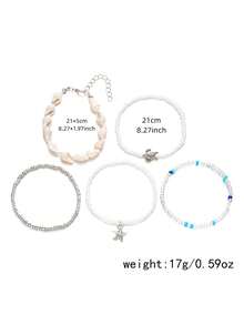 Set de 5 piezas de tobillera con cuentas de conchas, estrellas de mar y tortugas, adecuado para mujeres en vacaciones de playa y uso diario, regalo de verano - Plateado - Ver 5