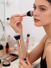 2-In-1 Dual-Ended Makeup Brush, Foundation Brush, Blush Brush, Contour Brush, Large Fluffy Fan Brush + Precise Angled Brush, Oil Control Base Makeup Tool - Multicolor - View 2