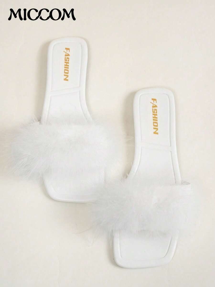 女士时尚方头平底一脚蹬凉鞋，百搭，适合春夏季，新款休闲沙滩拖鞋，防滑 - 白色 - 查看 1