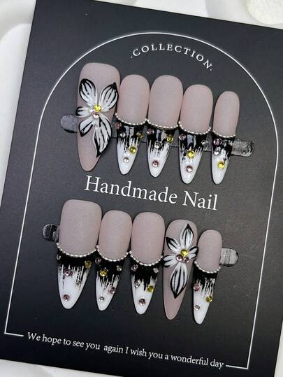 10片手工美甲片，尖头美甲，按压式美甲，中长款，西部风美甲，棕色美甲，豹纹渐变法式美甲，闪粉手绘3D樱花雕刻，欧美风可爱优雅奢华秋季按压式美甲，Y2K哥特风，百搭DIY假指甲，适合派对、日常、约会、海滩、热带度假等场合，可重复使用，送给女性和女孩的美甲用品。