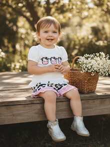 Toddler Girls Outfits Western Baby Clothes Cow Bow Strawberry Shorts Sleeve Ruffle Shirt Shorts Summer Outfit Set - 黑色 - 查看 4