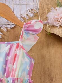 Young Girls' Rainbow Butterfly Print Cap Sleeve Romper, Sweet Cinched Waist Short Jumpsuit, Spring/Summer - Multicolor - View 4