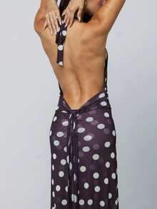 Women Ruched Polka Dot Long Dress Backless Low Cut Halter Neck Maxi Dress Dots Print Wedding Guest Party Gown - Bold Plum - View 5
