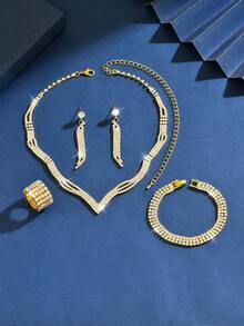 Set de 4 piezas de joyería de novia de moda, aretes con borlas de cristal brillante, collar elegante, pulsera y anillo, adecuado para boda, banquete, baile, fiesta - Juego de 4 piezas de joyería ZT5033 - Ver 4