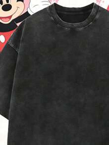 Disney American Retro Valentine's Day T-Shirt 180g Washed Cotton Mickey And Minnie Flower Bouquet Loose Short-Sleeved Couple's Outfit - 黑色 - 查看 5